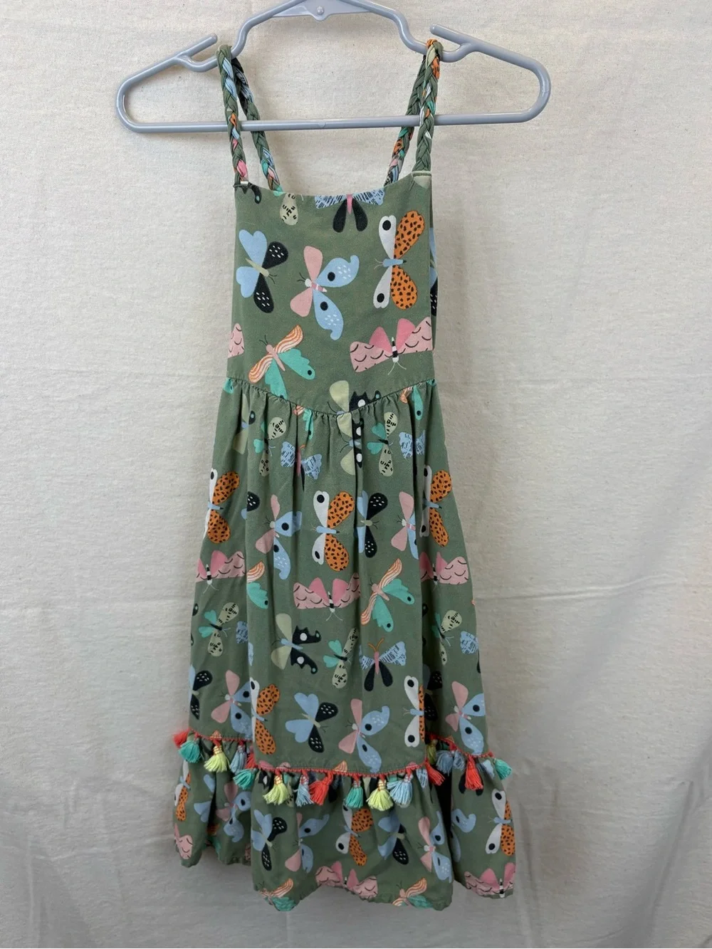 Cat & Jack Olive Green Butterfly Tassel Maxi Sundress, braided straps, runs big